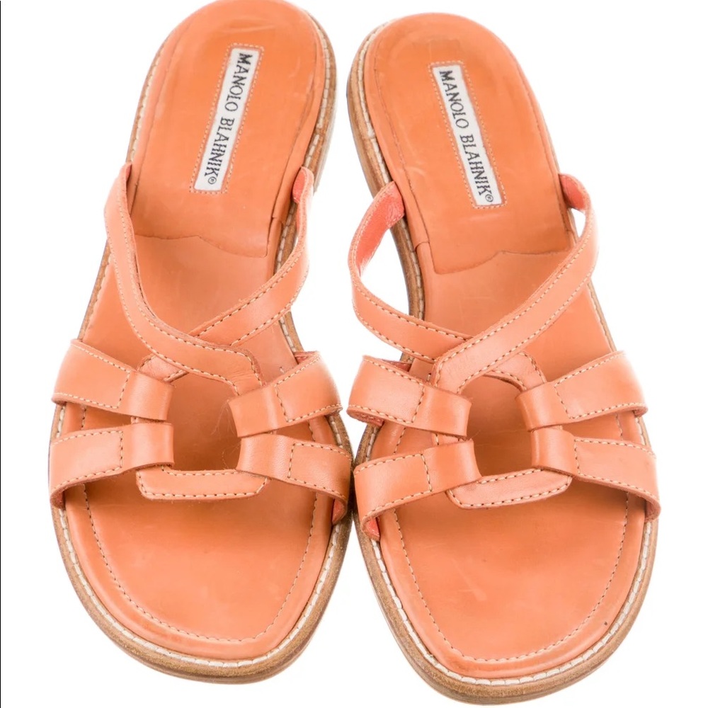 Manolo Blahnik Flat Slide Sandals IT38 Light Orange Tan Leather